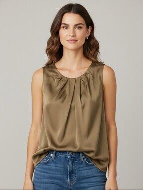 Ann Taylor LOFT Sleeveless Olive Green Ruffle Neck Women's Top